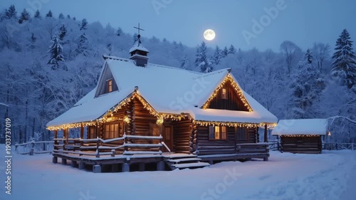 Wallpaper Mural Illuminated log cabin, blanketed in fresh snow, radiates a warm and inviting glow during a serene winter night under a bright full moon. Torontodigital.ca