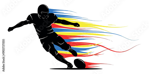 American Football Player Kicking Ball with Colorful Streaks Silhouette, Dynamic Action