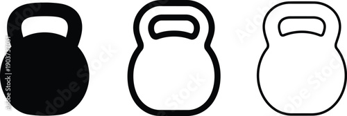 Kettlebell cartoon icons, bold black vector clipart, fitness silhouette, gym workout symbol, strength design, filled outlined styles, stylized illustration