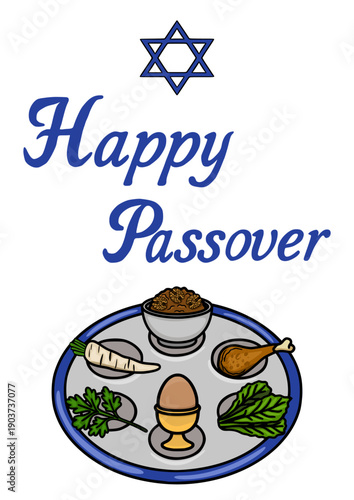 Happy Passover vector poster with traditional Seder plate elements and Star of David