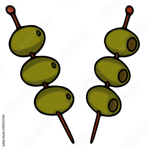 Two vector skewers with green olives, isolated on white background