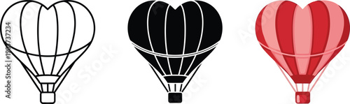 Collection of heart-shaped hot air balloon icons including outline silhouette and colored vector designs for travel and romance themes