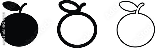 Orange fruit icon set in black silhouette and outline styles, citrus with leaf symbol collection for healthy food, vitamin concept, juice branding, and minimal design.