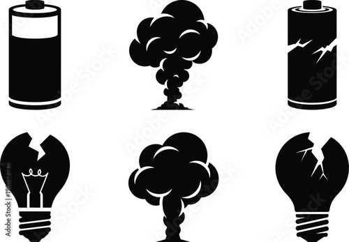A collection of six black and white icons representing batteries and lightbulbs, some of which appear damaged or exploded.