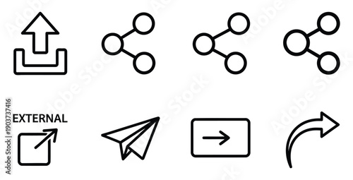 Collection of essential black line icons representing data sharing upload export and various communication transmission methods suitable for user interface design