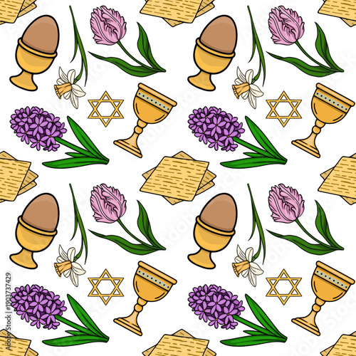 Festive Pesach vector seamless pattern with matzah, egg, flowers, and Star of David symbols