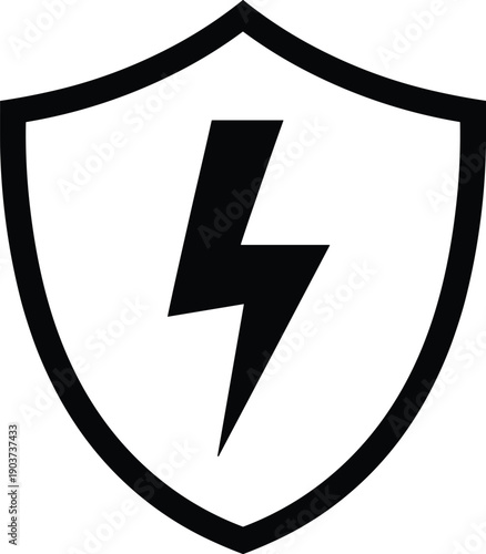 Shield with lightning bolt icon in black outline style, power protection and security symbol for electric safety, energy defense, warning sign, and technology branding design.