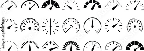 Speedometer gauge icon set in black silhouette style with different meter designs, dashboard measurement symbols collection for speed, performance, control, and automotive UI design.