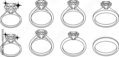 Minimalist Diamond Engagement Ring Icon Set with Elegant Jewelry Outlines for Wedding Invitations, Bridal Boutique Branding, Luxury Retail Marketing, and Romantic Celebration Graphic Designs