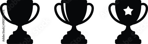 Trophy cup icon set in black silhouette style with different variations, award and victory symbol collection for achievement, winner concept, competition design, and success branding.