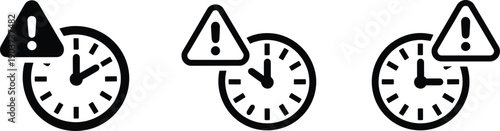 Warning clock icon set with alert triangle symbol in outline and solid styles, deadline time notification concept for schedule, reminder, urgency, and risk management design.