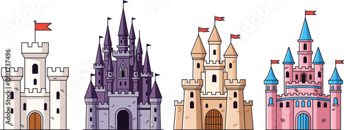 Magical Fairytale Castle Vector Icon Set with Medieval Fortresses and Royal Fantasy Palaces for Childrens Book Illustrations, Game Design, and Storybook Theme Graphics
