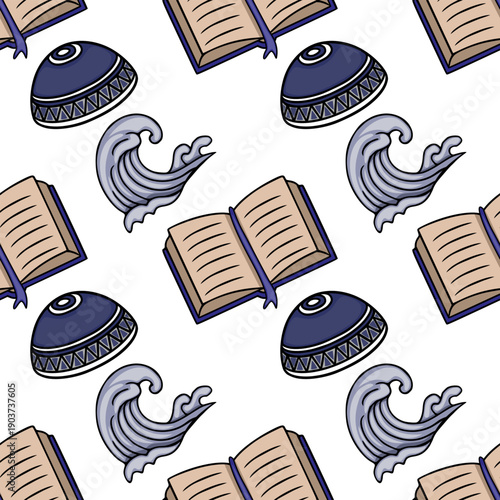 Seamless vector pattern of open books and traditional kufi caps with stylized waves