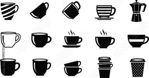 Coffee cup silhouette icon set illustration, various mug and espresso shapes, hot beverage symbols collection, black white vector design