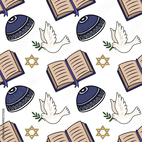 Seamless vector pattern of Jewish religious symbols and symbols of peace