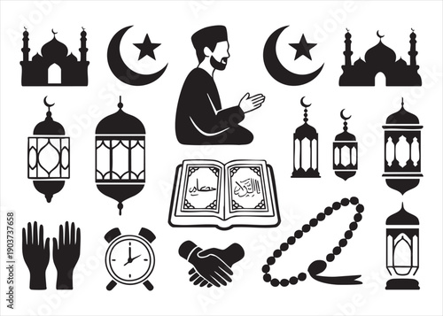 Set of islamic icons mosque, crescent moon, muslim man praying, lantern, quran, hands, clock