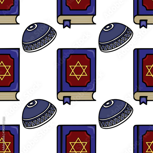 Seamless vector pattern of Jewish religious books and kippahs, festive holiday background illustration