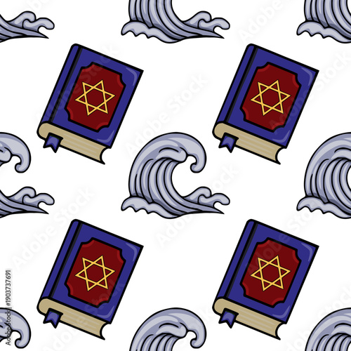 Seamless vector pattern of a Torah scroll and waves, symbolizing Jewish heritage and the Exodus, ideal for religious holidays and cultural designs.