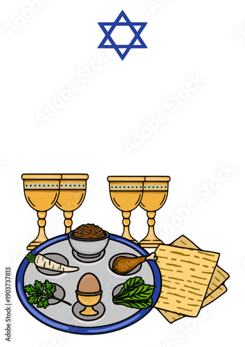 Festive Pesach Seder Plate vector illustration with Matzah and Star of David