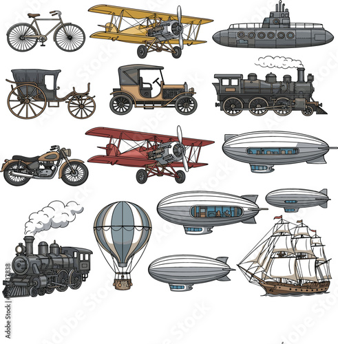 Collection of vintage transportation vehicles including steam trains airplanes bicycles ships and airships historical illustration set