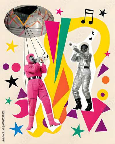 A vibrant collage of two musicians playing trumpets in colorful costumes surrounded by abstract shapes and musical notes