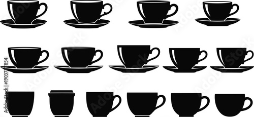 Coffee cup silhouette collection illustration, various mug and saucer shapes, hot beverage icons set, black white vector design