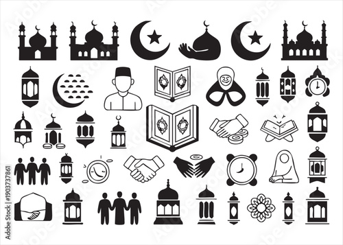Islamic symbols and icons collection mosques moons stars and lanterns for Ramadan celebration