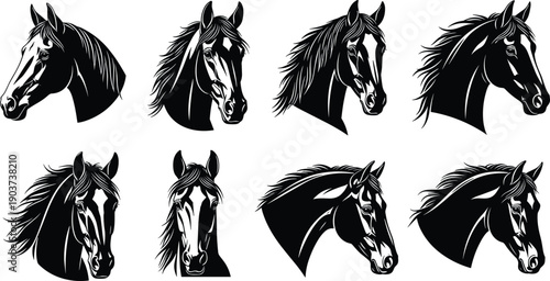Black horse head silhouette illustration set featuring detailed mane expressions for equestrian logo, ranch branding, western design, tattoo art, sport emblem and animal graphics