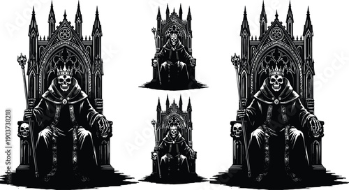 Gothic skeleton king on throne, dark fantasy horror illustration, black white vector, medieval occult royalty artwork set isolated on white