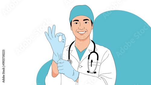 Smiling male doctor wearing a white lab coat and stethoscope putting on blue medical gloves while making an okay hand gesture of approval.