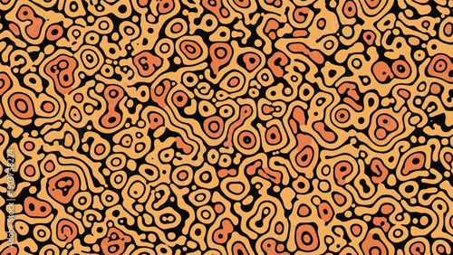 Abstract organic seamless pattern featuring intricate interlocking shapes in shades of orange and black reminiscent of biological cells.