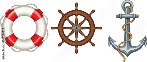 Nautical Maritime Icon Set Featuring Lifebuoy, Wooden Ship Wheel, and Metal Anchor with Rope for Sailing, Ocean Travel, and Marine Themed Graphic Design Projects