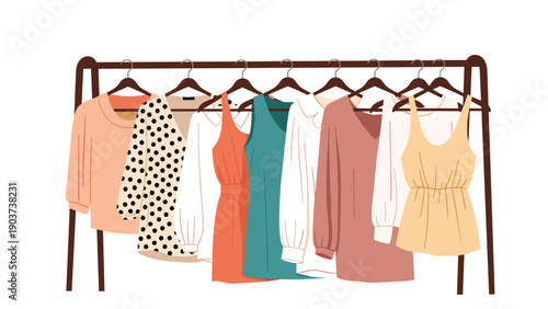 Collection of various women clothes including dresses and tops hanging on a dark garment rack against a plain white background.