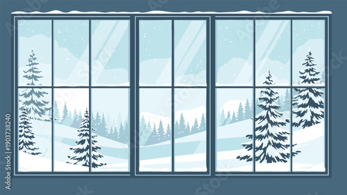 View through a multi pane window of a peaceful snowy winter landscape with pine trees and rolling hills in soft blue tones.