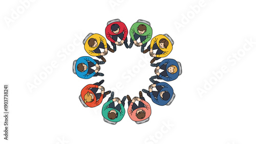 Diverse group of people sitting in a circle during a support meeting or group therapy session seen from a top down perspective.