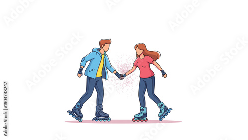 Young man and woman holding hands while rollerblading together on a bright day as part of a healthy and active lifestyle activity.