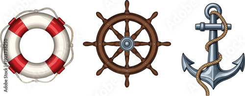 Nautical Maritime Vector Icon Set with Lifebuoy, Ship Steering Wheel, and Anchor with Rope for Marine Branding, Sailing Equipment, Ocean Travel, and Coastal Navy Designs