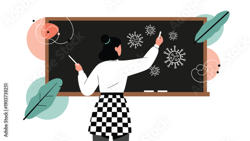 Female teacher or scientist drawing illustrations of coronavirus cells on a chalkboard to educate students about pandemic safety measures.