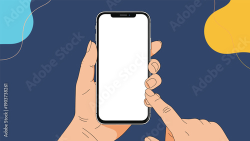 Close up of human hands holding a modern smartphone with a blank white screen against a blue abstract background for mobile app design.