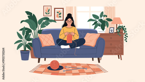Young woman wearing glasses and yellow sweater sits on a sofa knitting a red scarf in a cozy living room decorated with many green plants.