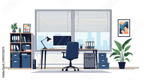 Modern home office interior design featuring a desk with computer monitor lamp and shelving unit filled with books and office supplies.