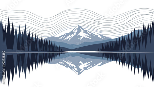 Stylized mountain landscape reflected in a calm lake with artistic wavy lines in the sky creating a serene and modern nature illustration.