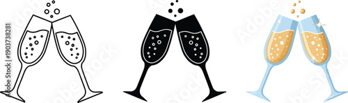 Collection of champagne glasses clinking representing celebration and toast in outline silhouette and full color vector styles