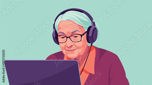 Elderly woman with gray hair wearing large headphones and glasses focuses on her laptop screen while working or learning online from home.
