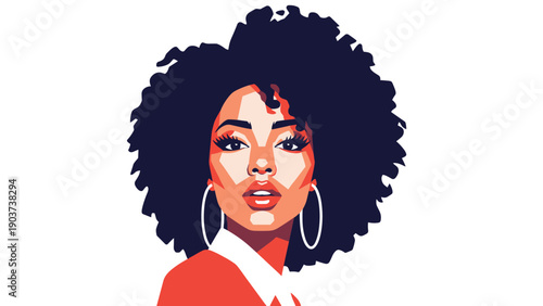 Pop art style portrait of a beautiful black woman with large afro hair and hoop earrings looking directly at the viewer with a bold expression.