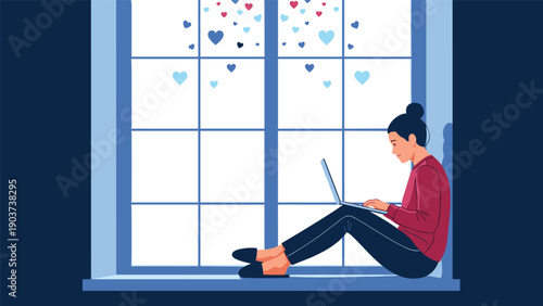 Young woman sits on a window sill using her laptop computer while blue and red hearts float above her head representing online dating or love.