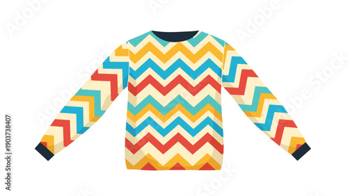 Long sleeve sweater featuring a bold and colorful chevron pattern with blue red yellow and beige zigzag stripes for a retro fashion look.