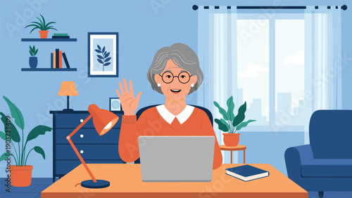 Happy grandmother with gray hair waving during a video call on her laptop in a cozy living room with many green plants and warm lighting.