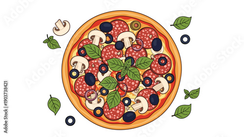 Delicious pepperoni pizza with fresh toppings including mushrooms black olives red onion and green basil leaves on a white background.