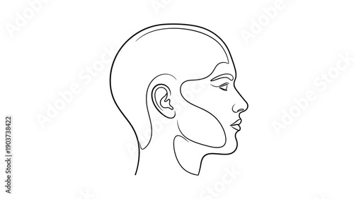 Minimalist side profile line drawing of a bald human head showing facial features and ear details for medical or artistic purposes.